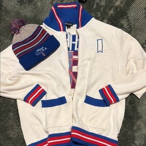 Cream Cardigan and Beanie Set with Blue and Red Stripes